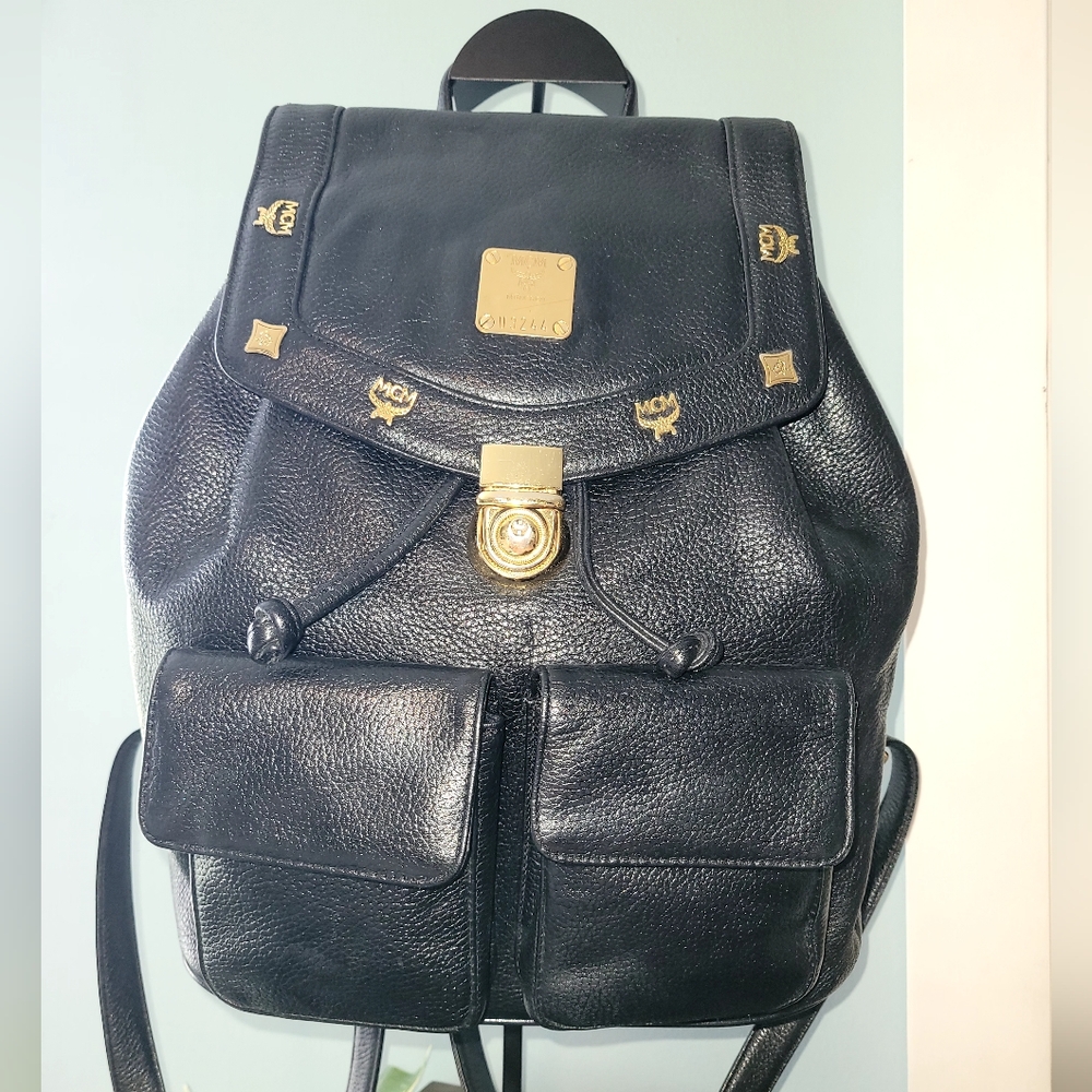 MCM Mini Backpack, ⚫️ Black Leather with Gold Studs
